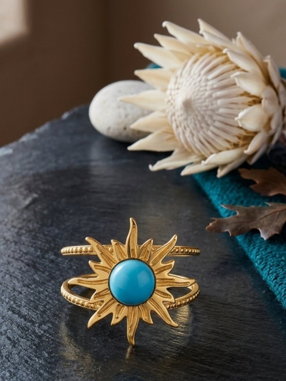 18K Gold Plated Sunburst Turquoise Color Stone Open Adjustable Ring Size 7-9